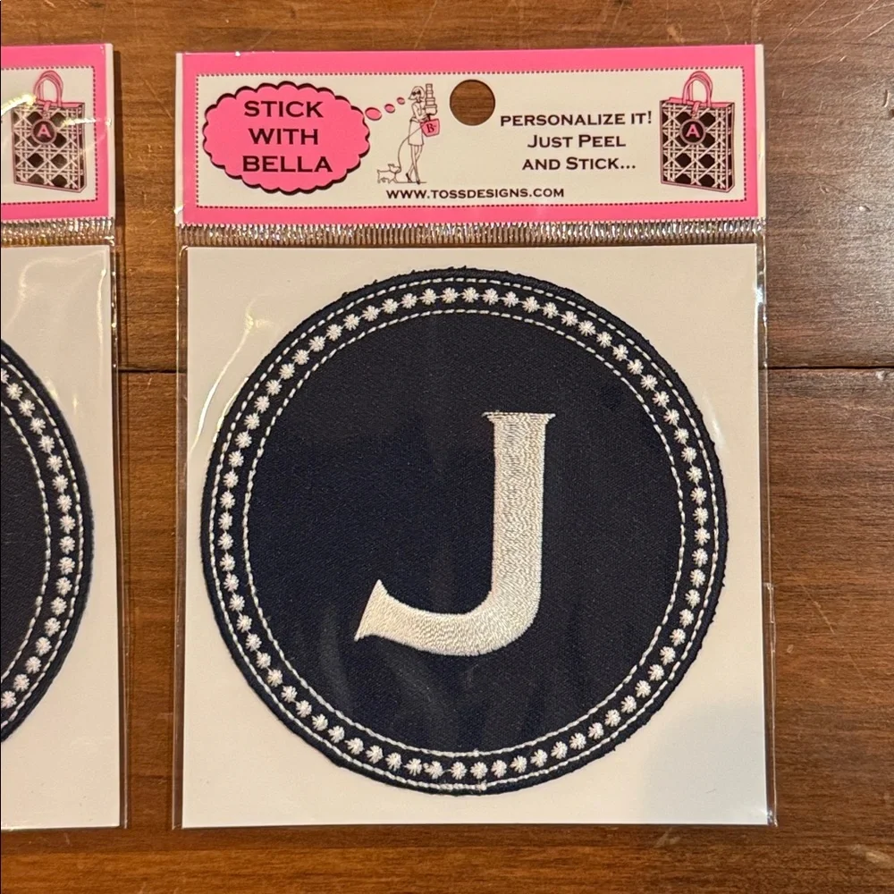 NIP TOSS Designs Peel & Stick Embroidered J Initial Patch Bella Set 2 Blue White